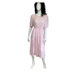 Vertiche Pink White Floral Print Boho Chic Tiered  Short Sleeve Midi  Dress M